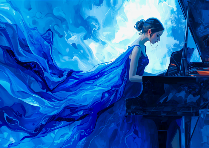 Musikerinnen Kalender 2026 - Januar echo in blau pianistin am flügel
